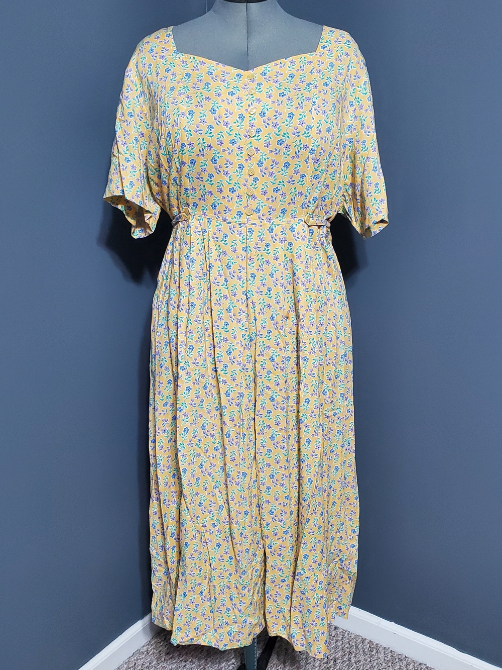 Vintage Erika Sunlit Yellow Floral Maxi Dress Blue Purple Print Women's Size 2X